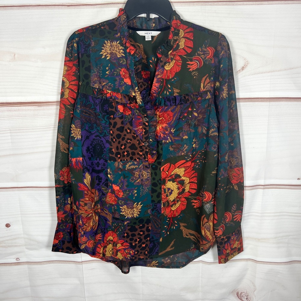 NEXT Blouse Womens Size 4 Multicolor Floral Animal Patchwork Ruffle Blouse Boho